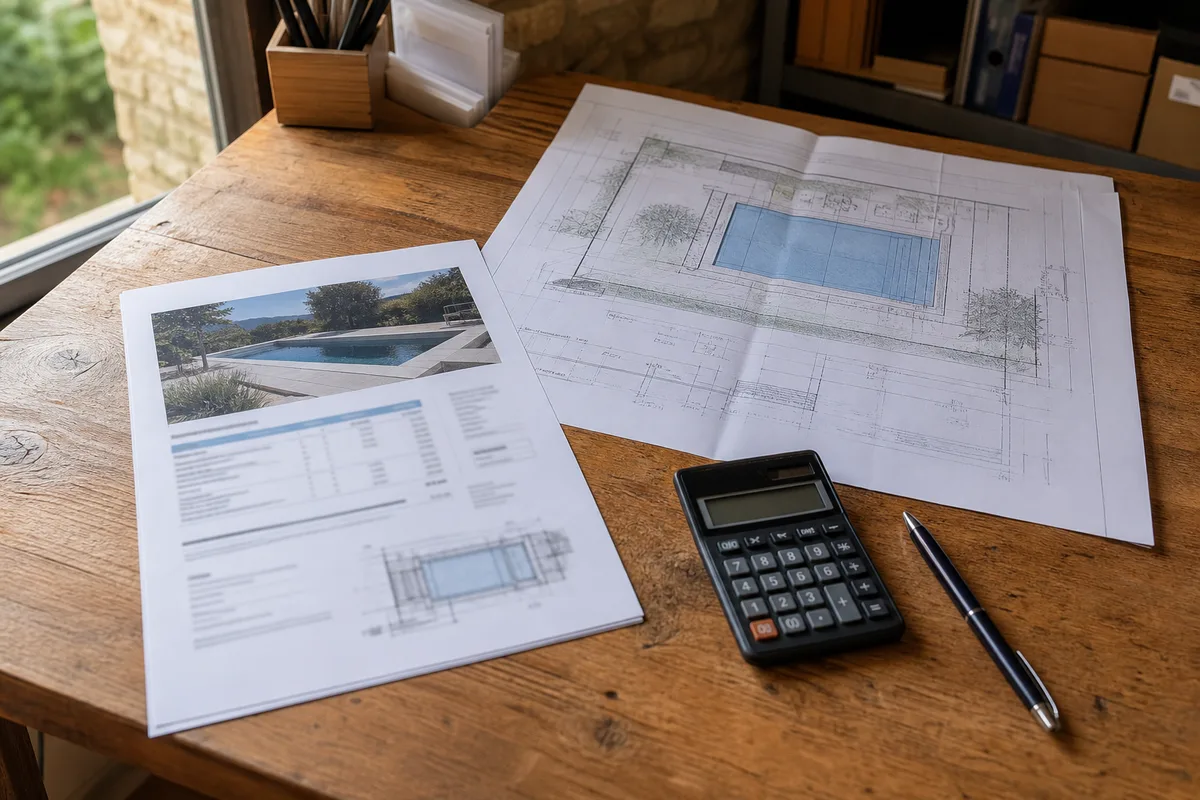 Devis de construction de piscine détaillé posé sur une table avec plan de bassin et calculatrice, lumière naturelle
