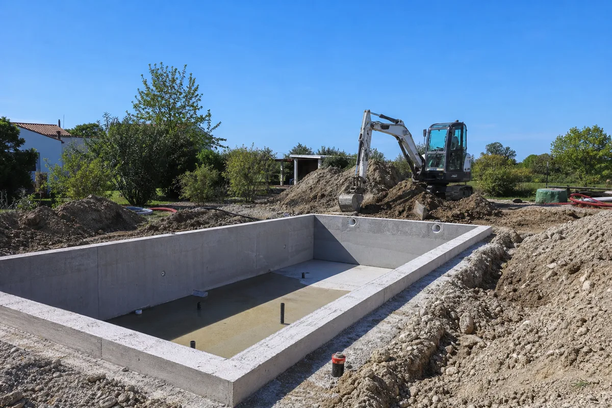 Chantier de construction de piscine enterrée en cours de terrassement dans un jardin du Sud-Ouest, bassin en structure béton