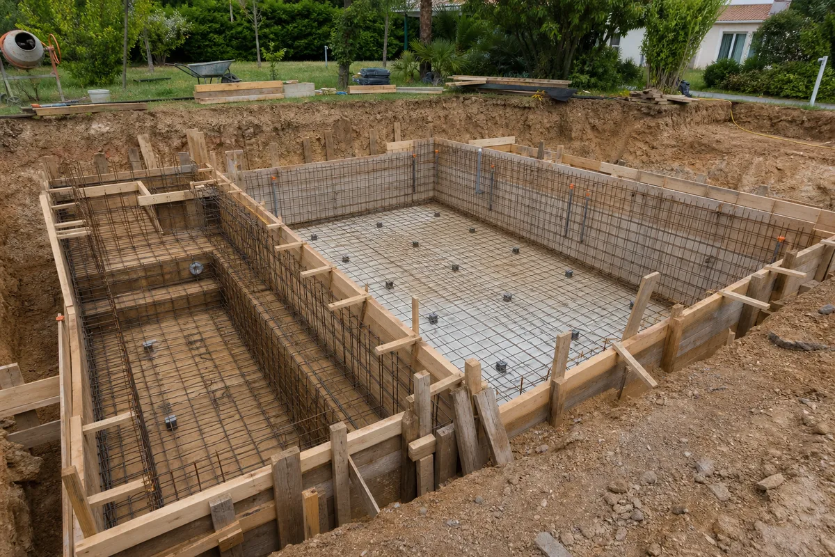 Chantier de piscine béton en cours de ferraillage avec coffrage sur un terrain en pente