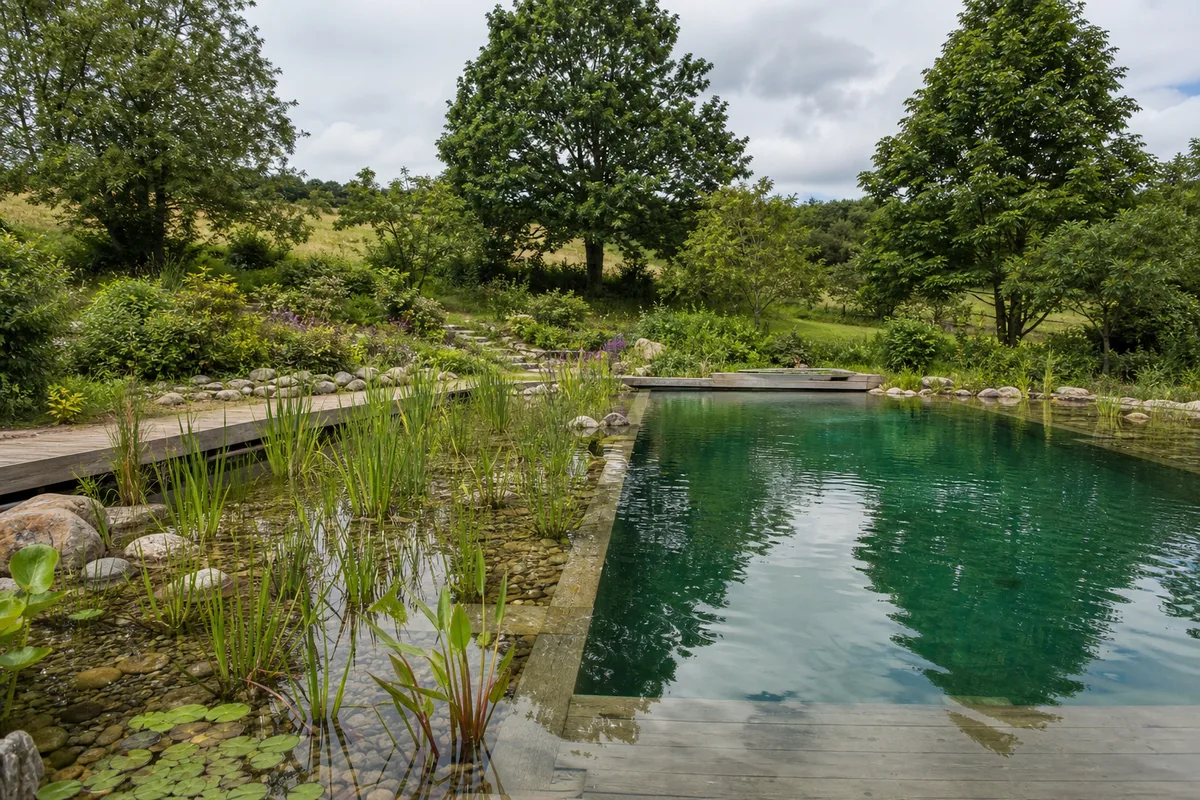 Piscine naturelle avec zone de lagunage planté attenante à la zone de baignade