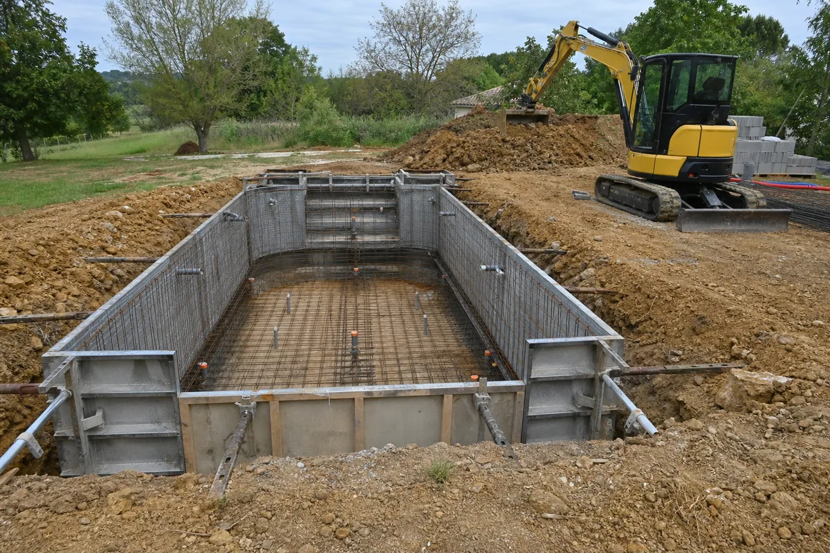 Chantier de construction d’une piscine enterrée en Tarn-et-Garonne, terrassement et coffrage béton sous un ciel du Sud-Ouest
