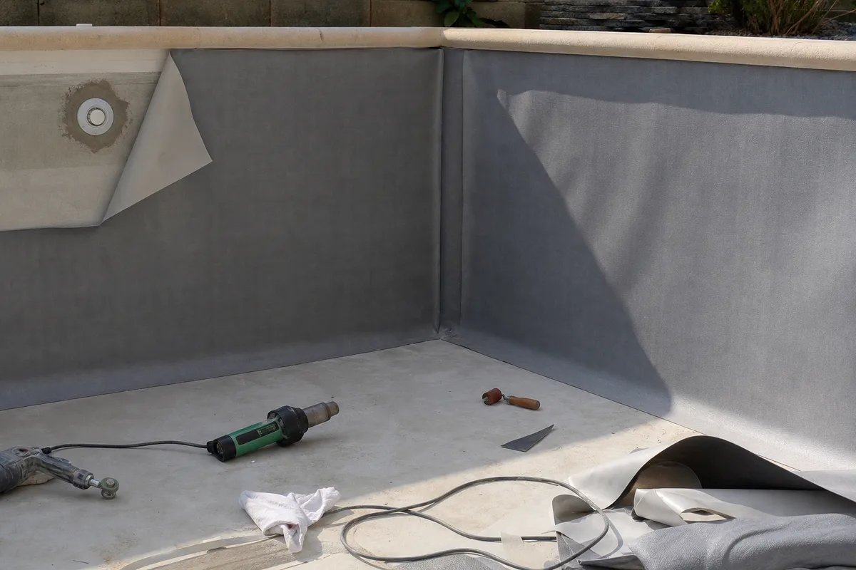 Chantier de rénovation d’une piscine résidentielle avec bassin vidé et membrane en cours de pose, terrasse pierre au soleil du Sud-Ouest